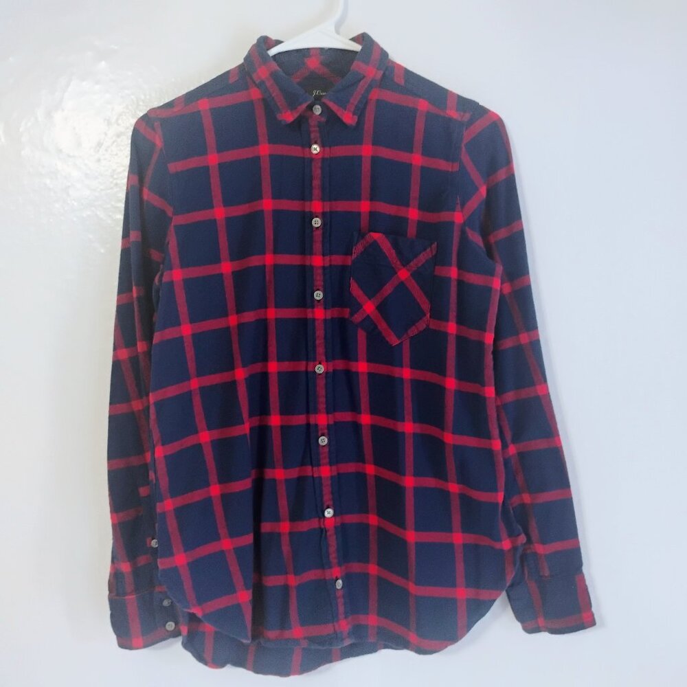 J.Crew Classic Plaid Button Down Shirt Red Navy Cotton Size 2